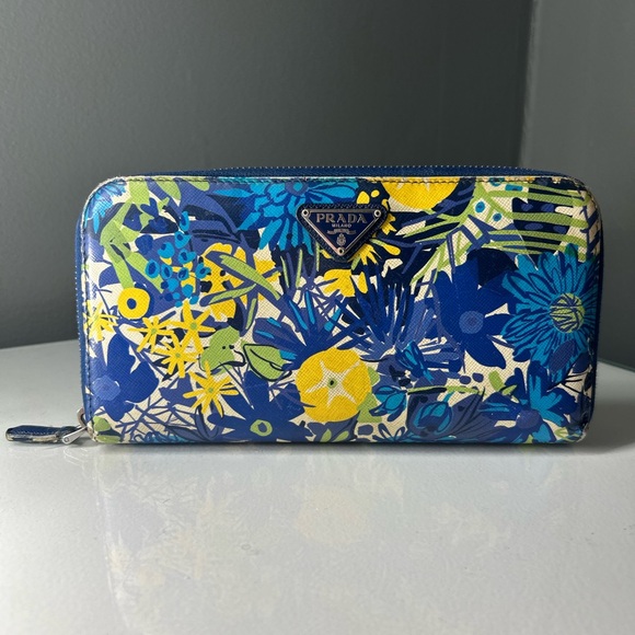 Prada Handbags - Prada blue Floral Zippy long wallet